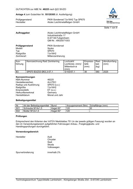 GUTACHTEN zur ABE Nr. 46225 nach §22 Stvzo Anlage 4 ... - Alutec