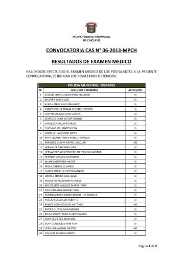 Resultados de Examen MÃƒÂ©dico - Municipalidad Provincial de ...