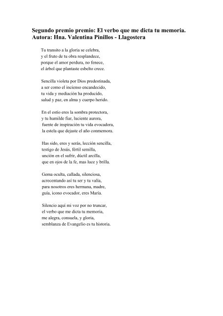 El verbo que me dicta tu memoria. Autora: Hna. Valentina Pinillos