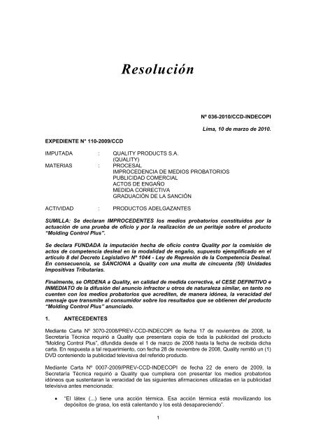 Resolución Nº 036-2010/CCD-INDECOPI.