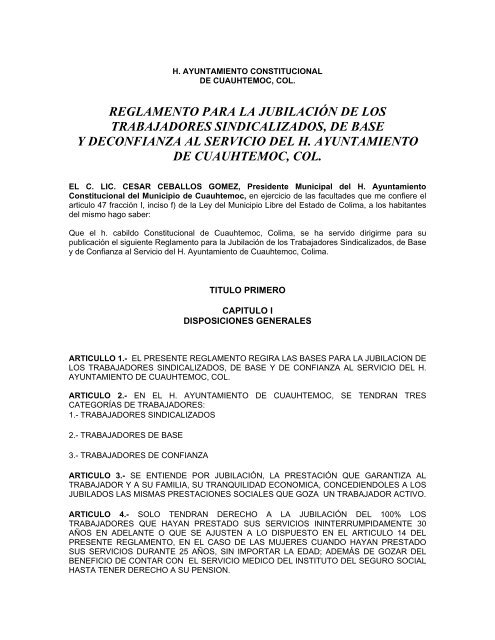 reglamento para la jubilación de los trabajadores sindicalizados, de ...