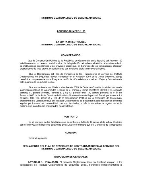 acuerdo numero 1135 - Instituto Guatemalteco de Seguridad Social