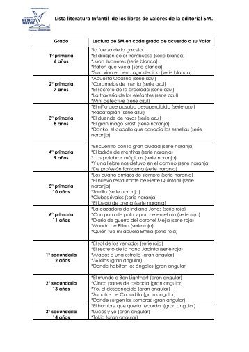 Lista literatura Infantil de los libros de valores de la editorial SM.