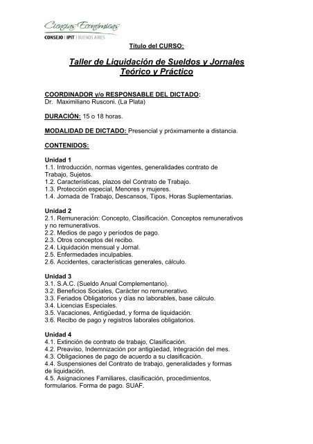 Taller de Liquidación de Sueldos y Jornales Teórico y Práctico - CPBA