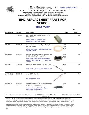 VERDOL Epic Enterprises, Inc. EPIC REPLACEMENT PARTS FOR