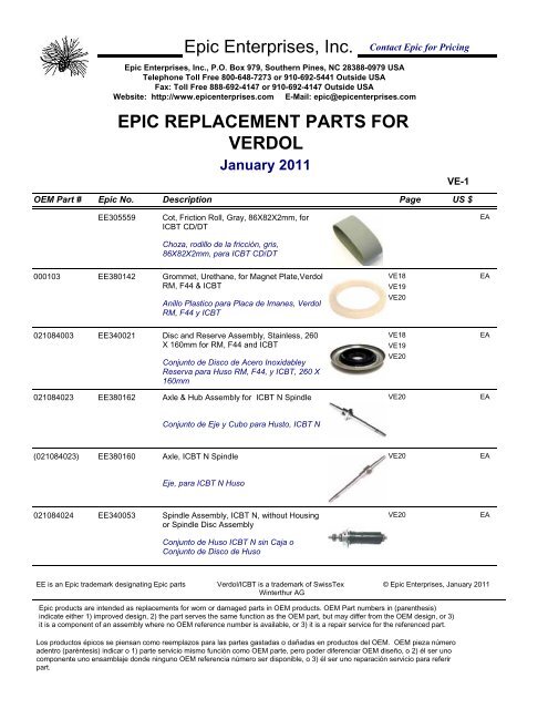 VERDOL Epic Enterprises, Inc. EPIC REPLACEMENT PARTS FOR