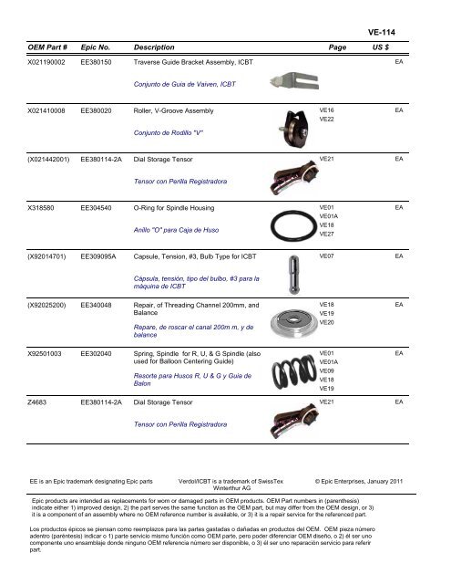 VERDOL Epic Enterprises, Inc. EPIC REPLACEMENT PARTS FOR