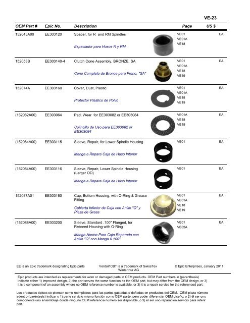 VERDOL Epic Enterprises, Inc. EPIC REPLACEMENT PARTS FOR