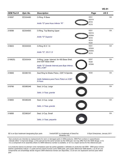 VERDOL Epic Enterprises, Inc. EPIC REPLACEMENT PARTS FOR