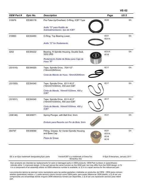 VERDOL Epic Enterprises, Inc. EPIC REPLACEMENT PARTS FOR