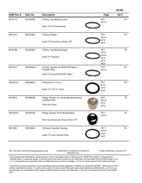 VERDOL Epic Enterprises, Inc. EPIC REPLACEMENT PARTS FOR