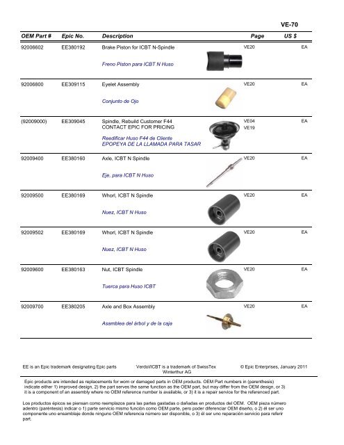 VERDOL Epic Enterprises, Inc. EPIC REPLACEMENT PARTS FOR