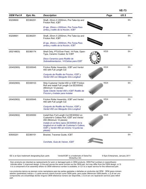 VERDOL Epic Enterprises, Inc. EPIC REPLACEMENT PARTS FOR