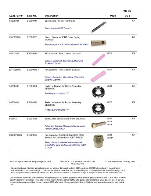 VERDOL Epic Enterprises, Inc. EPIC REPLACEMENT PARTS FOR