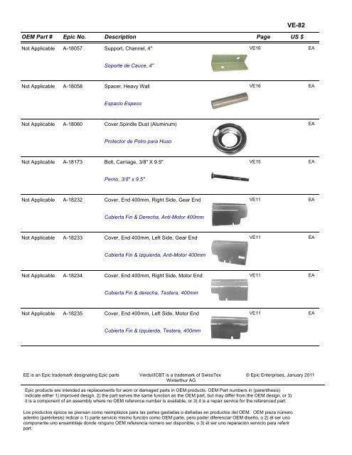 VERDOL Epic Enterprises, Inc. EPIC REPLACEMENT PARTS FOR