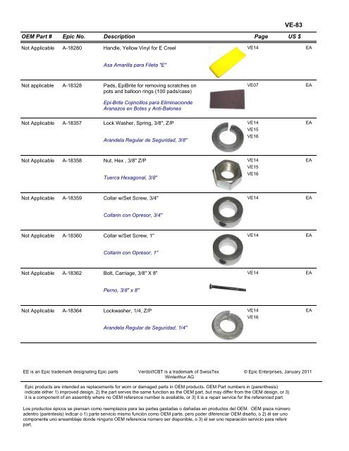 VERDOL Epic Enterprises, Inc. EPIC REPLACEMENT PARTS FOR