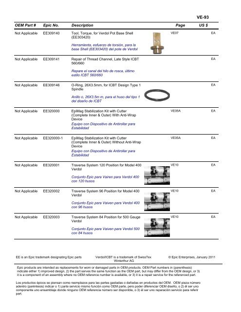VERDOL Epic Enterprises, Inc. EPIC REPLACEMENT PARTS FOR