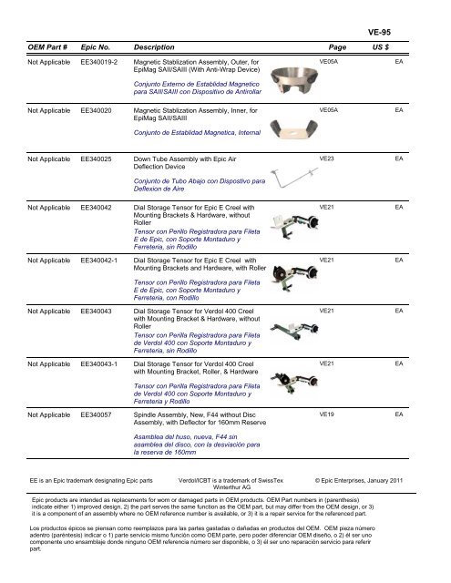 VERDOL Epic Enterprises, Inc. EPIC REPLACEMENT PARTS FOR