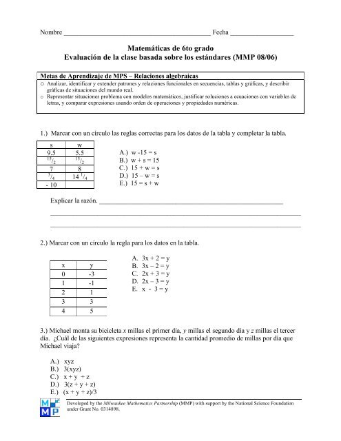 Matemáticas de 6to grado Evaluación de la clase ... - UW-Milwaukee