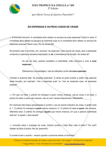 265 - ÀS EXPENSAS E OUTROS CASOS DE CRASE - Língua Brasil