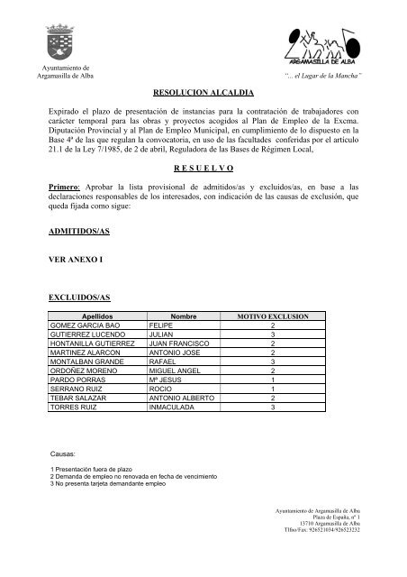 Lista Provisional de Admitidos y Excluidos - Ayuntamiento de ...