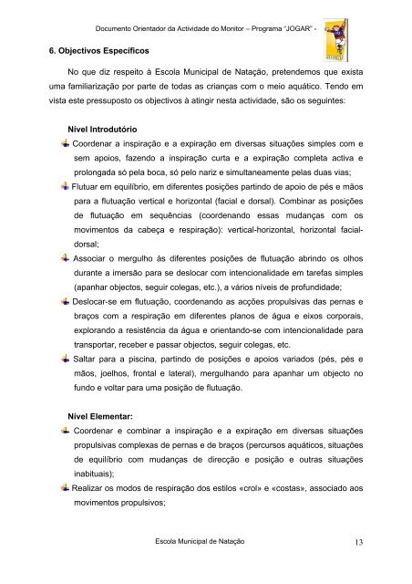 Documento orientador de natação - Câmara Municipal de Évora