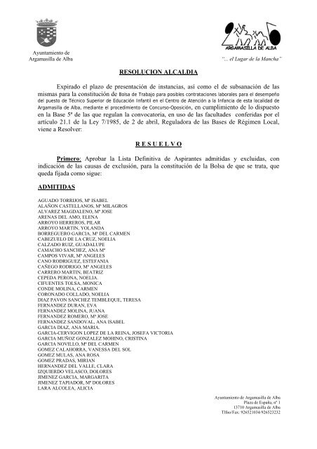 Lista Definitiva de Admitidos y fechas de baremación y entrevista