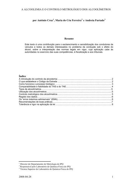 a alcoolemia eo controlo metrológico dos alcoolímetros - IPQ