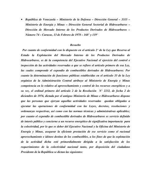 MENPET y Ministerio de la Defensa y Resolución Nº 74 y 3.315, del ...