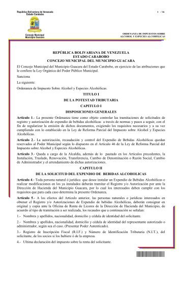 Ordenanza de Impuesto Sobre Alcohol y Especies Alcohólicas