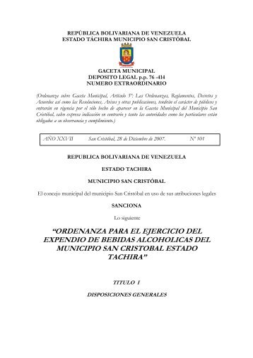 Ordenanza para el Ejercicio del Expendio de Bebidas Alcoholicas