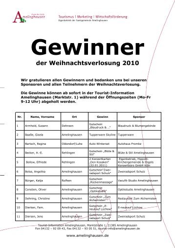 Aushang 2010 - Gewinner Weihnachtsverlosung - Amelinghausen