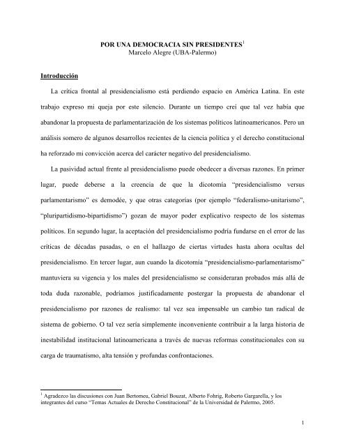 Democracia sin presidentes - Universidad de Palermo