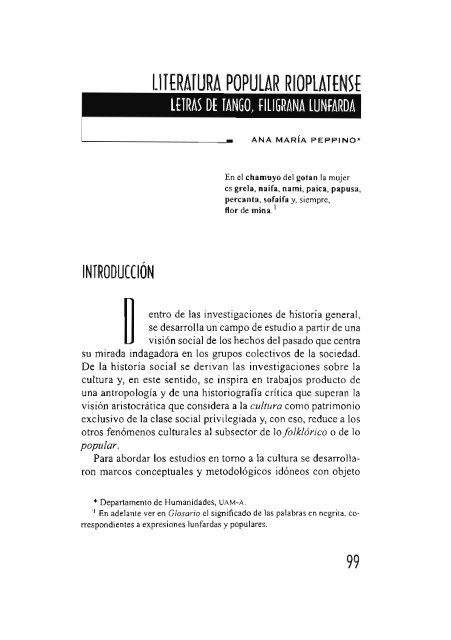 Literatura popular rioplatense. Letras de tango, filigrana lunfarda