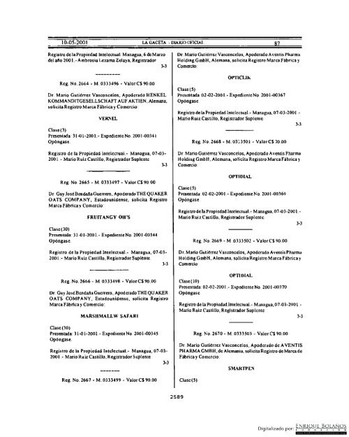 Gaceta - Diario Oficial de Nicaragua - # 087 de 10 Mayo 2001