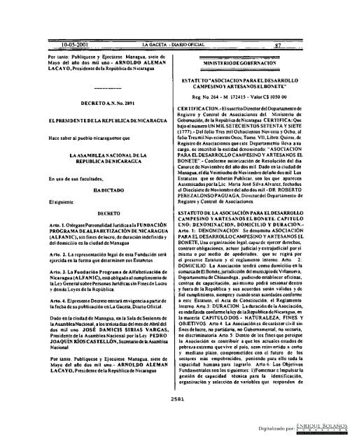 Gaceta - Diario Oficial de Nicaragua - # 087 de 10 Mayo 2001