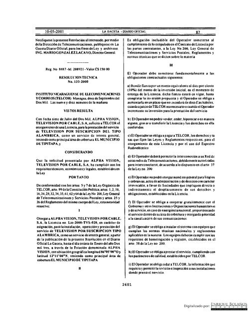 Gaceta - Diario Oficial de Nicaragua - # 087 de 10 Mayo 2001