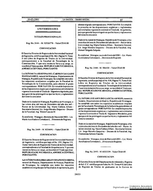 Gaceta - Diario Oficial de Nicaragua - # 087 de 10 Mayo 2001