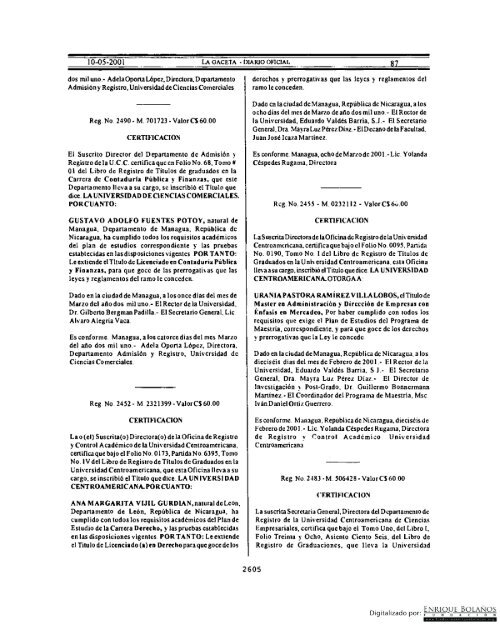 Gaceta - Diario Oficial de Nicaragua - # 087 de 10 Mayo 2001