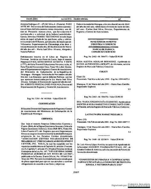 Gaceta - Diario Oficial de Nicaragua - # 087 de 10 Mayo 2001