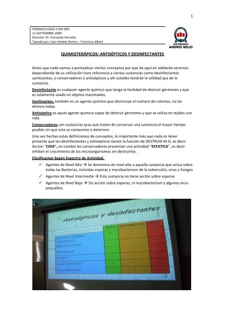 Clases de antisepticos y desinfectantes