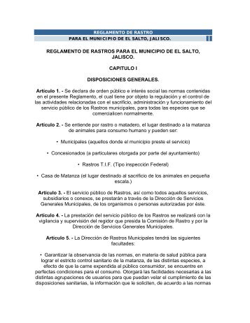 Reglamento de Rastros para el Municipio de El Salto, Jalisco