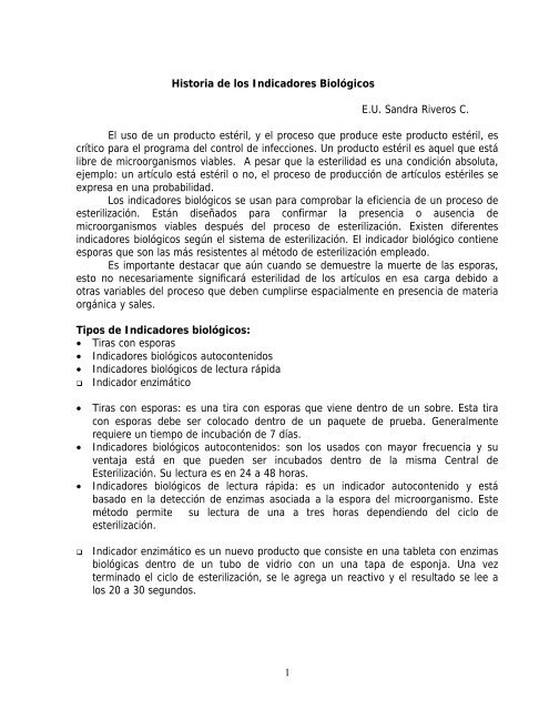 1 Historia de los Indicadores Biológicos E.U. Sandra Riveros C. El ...