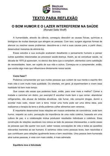 o bom humor e o lazer interferem na saúde - Colégio BIS