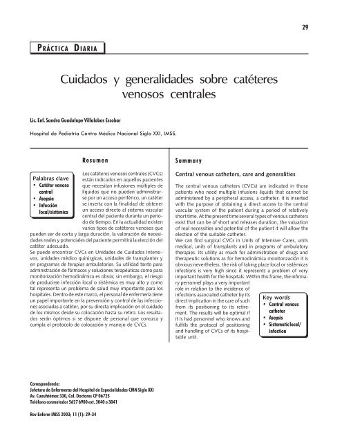 Cuidados y generalidades sobre catéteres venosos centrales - imss