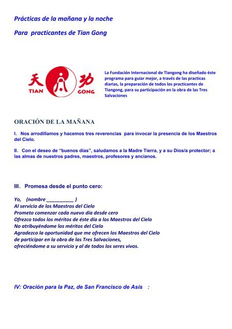 Prácticas de la mañana y la noche Para practicantes de Tian Gong