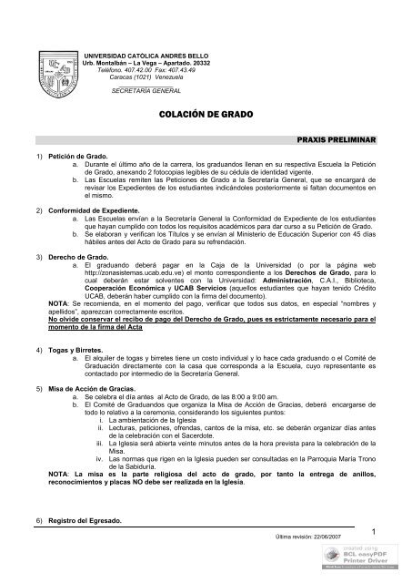 COLACIÓN DE GRADO - Universidad Católica Andrés Bello