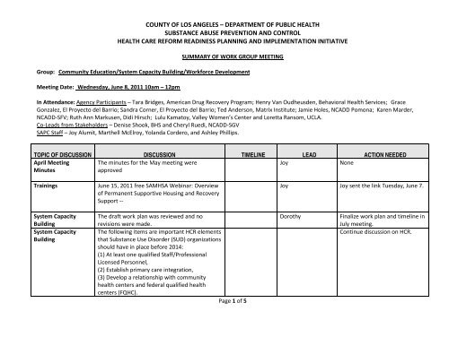 Meeting Summary: June 8, 2011 - Department of Public Health