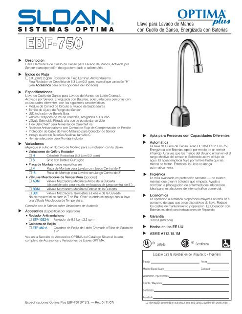 Especificaciones del Optima Plus EBF-750 - Sloan Valve Company