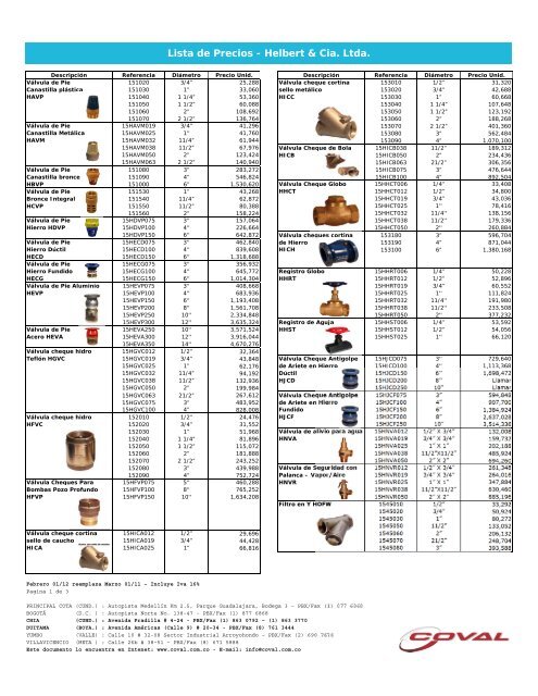 Lista de Precios - Helbert & Cia. Ltda. - Coval.com.co